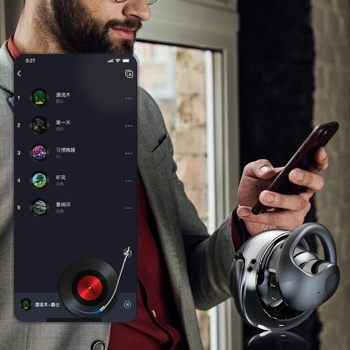 "Svarta trådlösa Bluetooth-öronsnäckor med AI för översättning och klart ljud, perfekt för resor och arbete."