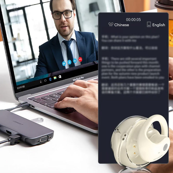 "Svarta trådlösa Bluetooth-öronsnäckor med AI för översättning och klart ljud, perfekt för resor och arbete."