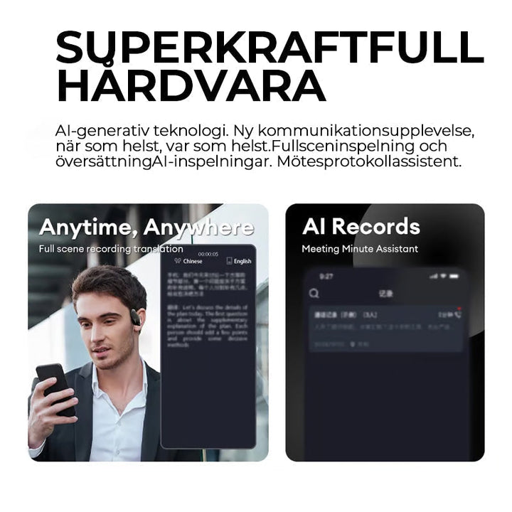 "Svarta trådlösa Bluetooth-öronsnäckor med AI för översättning och klart ljud, perfekt för resor och arbete."