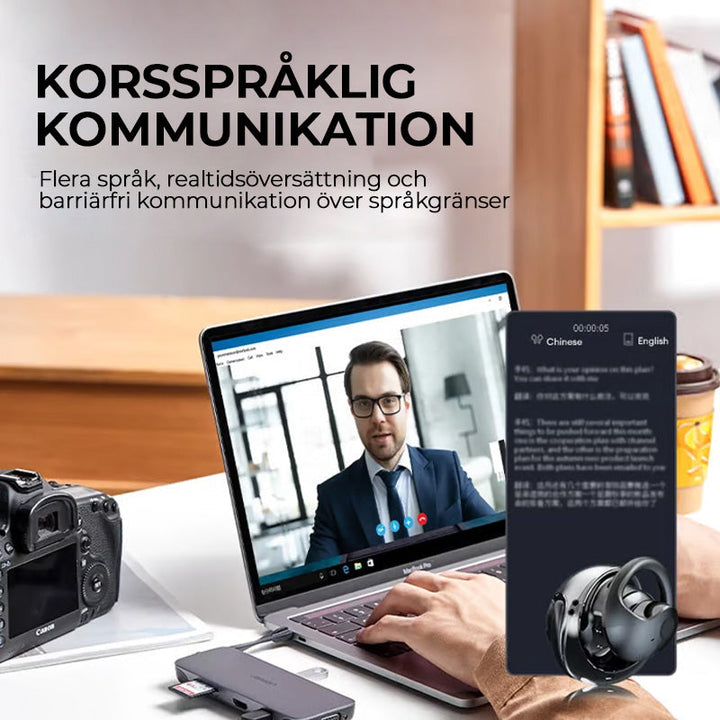"Svarta trådlösa Bluetooth-öronsnäckor med AI för översättning och klart ljud, perfekt för resor och arbete."