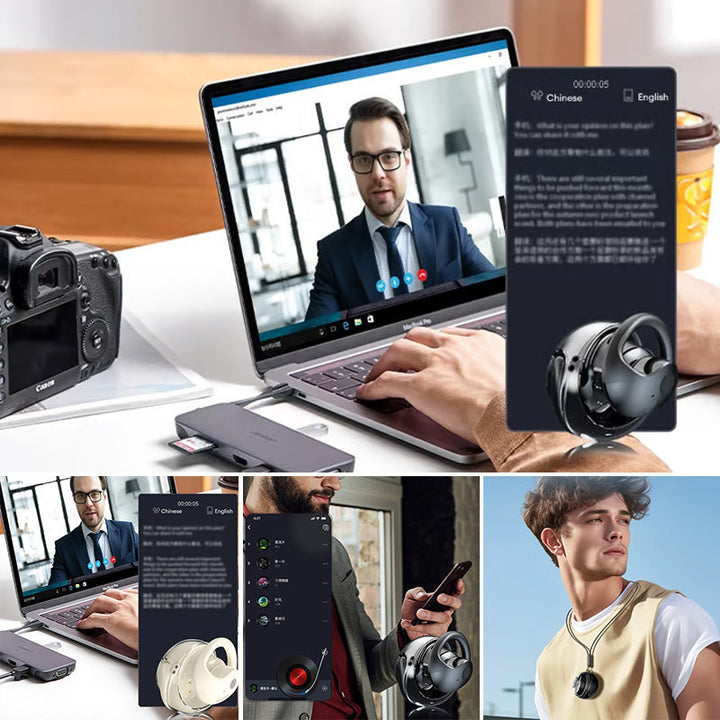 "Svarta trådlösa Bluetooth-öronsnäckor med AI för översättning och klart ljud, perfekt för resor och arbete."