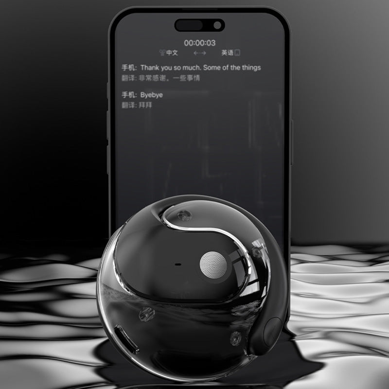 "Svarta trådlösa Bluetooth-öronsnäckor med AI för översättning och klart ljud, perfekt för resor och arbete."