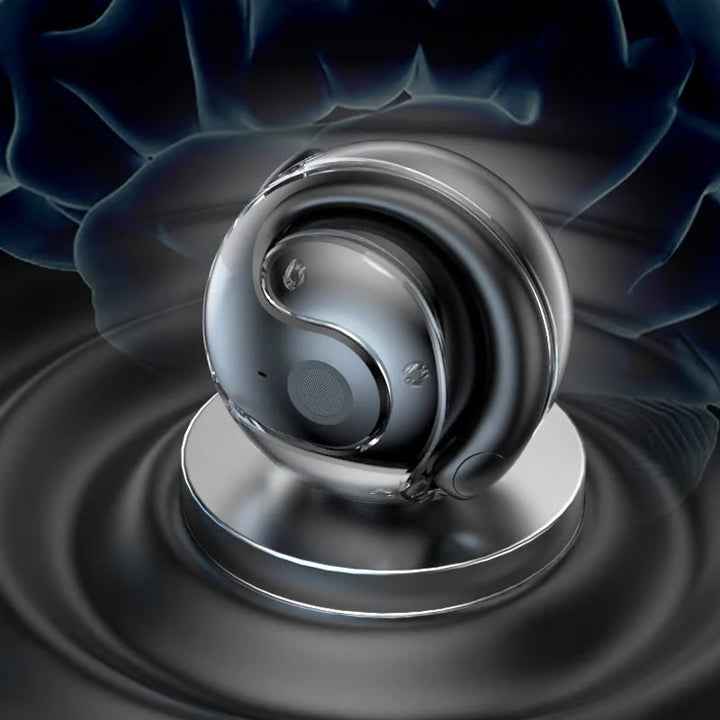 "Svarta trådlösa Bluetooth-öronsnäckor med AI för översättning och klart ljud, perfekt för resor och arbete."