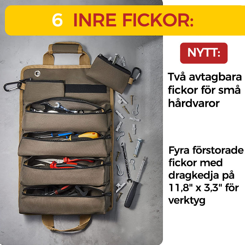 "Svart/kaki/grön verktygsrulle öppen med fack och fickor, oxford tyg, för verktygsförvaring och transport."