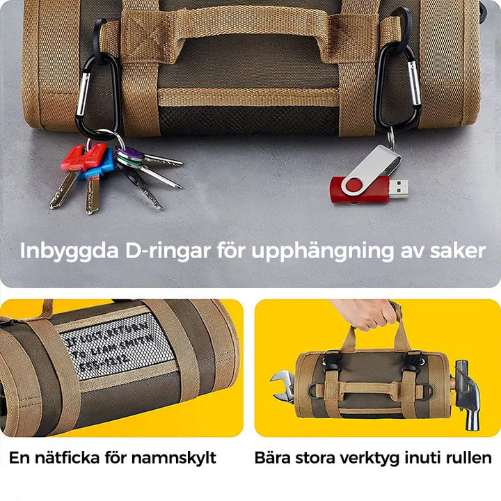 "Svart/kaki/grön verktygsrulle öppen med fack och fickor, oxford tyg, för verktygsförvaring och transport."