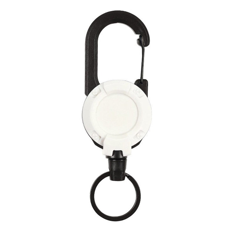 "Svart/vit multifunktionell nyckelring med infällbar vajer, hållbar aluminiumkarbin för utomhusbruk, ca 12,5 cm lång."