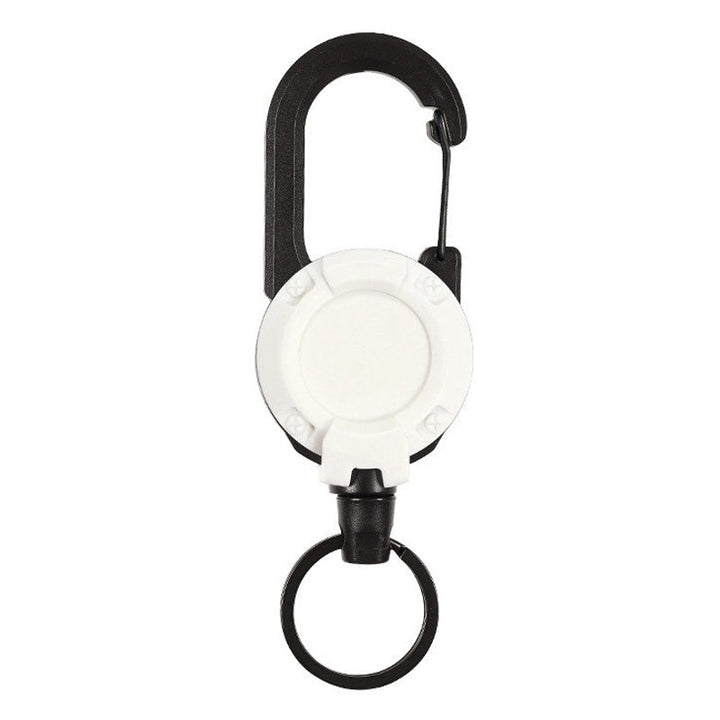 "Svart/vit multifunktionell nyckelring med infällbar vajer, hållbar aluminiumkarbin för utomhusbruk, ca 12,5 cm lång."