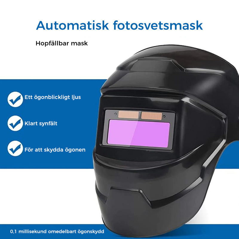 "Svetskyddsmask med automatisk mörkläggning, lätta solcellsdrivna glas, förbättrad ventilation och nackkomfort."