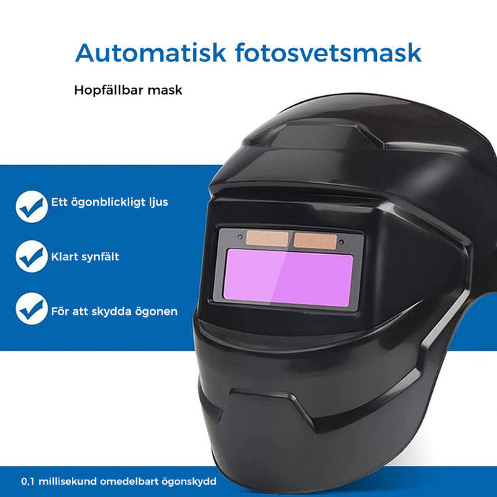 "Svetskyddsmask med automatisk mörkläggning, lätta solcellsdrivna glas, förbättrad ventilation och nackkomfort."