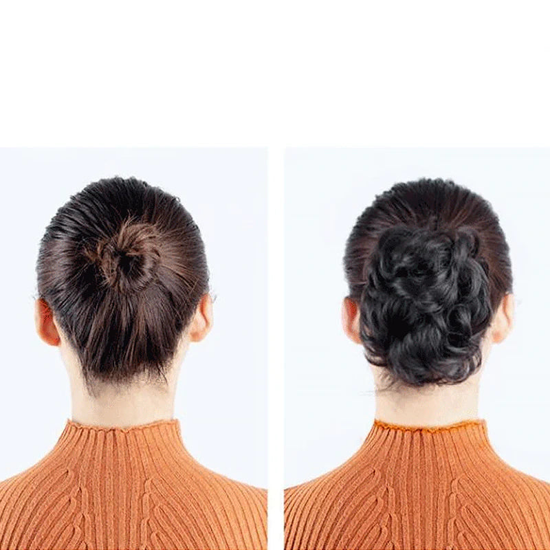 "Syntetisk damhårknut med blomdetalj, värmebeständig och fyllig look, enkel att fästa, elegant för alla tillfällen."