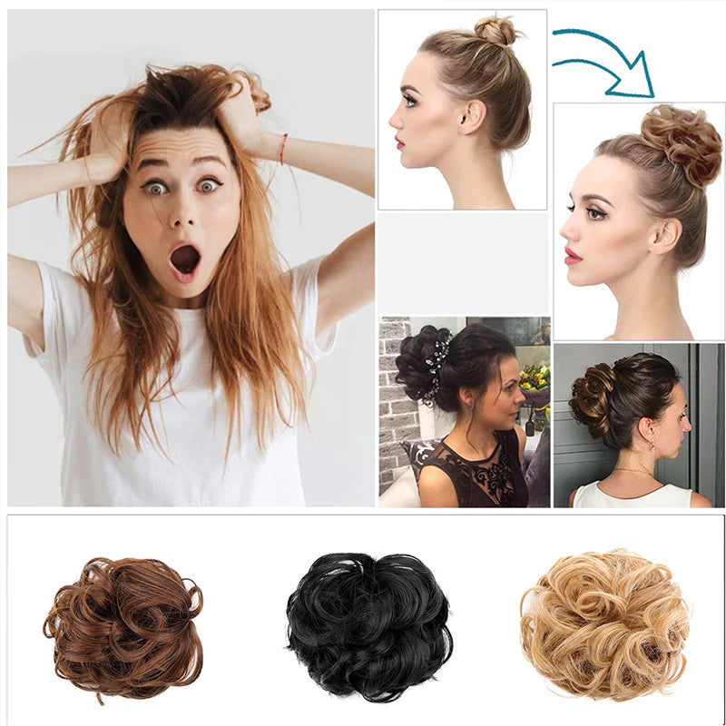 "Syntetisk damhårknut med blomdetalj, värmebeständig och fyllig look, enkel att fästa, elegant för alla tillfällen."