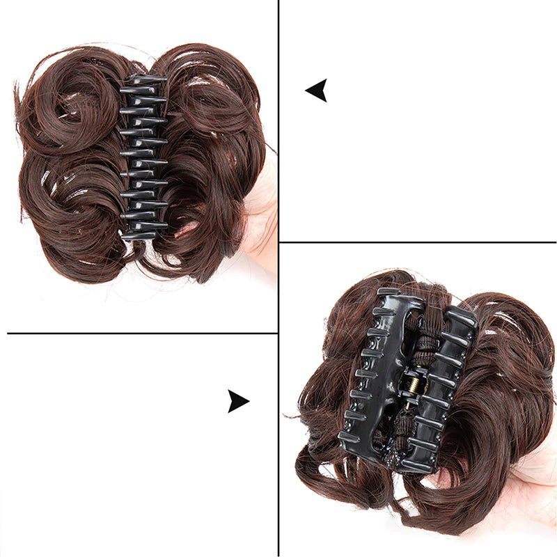 "Syntetisk damhårknut med blomdetalj, värmebeständig och fyllig look, enkel att fästa, elegant för alla tillfällen."