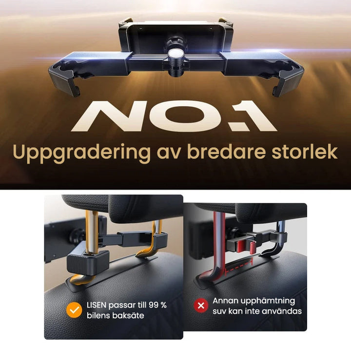 Tablethållare för bil med 360-rotation, enkel installation, stötsäkert skydd, universell passform, visas på nackstöd.
