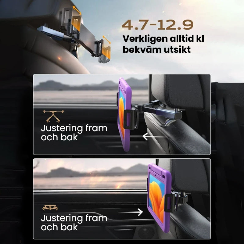 Tablethållare för bil med 360-rotation, enkel installation, stötsäkert skydd, universell passform, visas på nackstöd.
