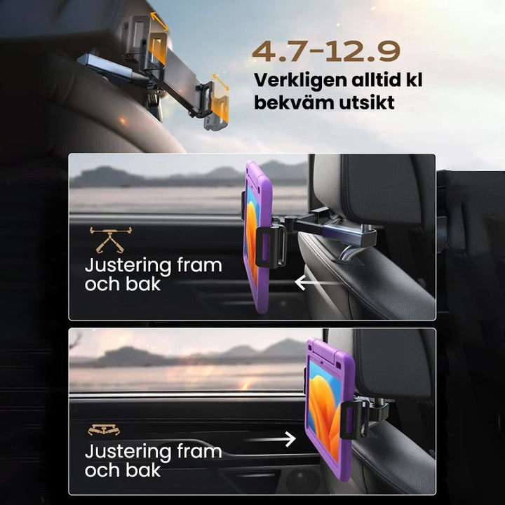 Tablethållare för bil med 360-rotation, enkel installation, stötsäkert skydd, universell passform, visas på nackstöd.