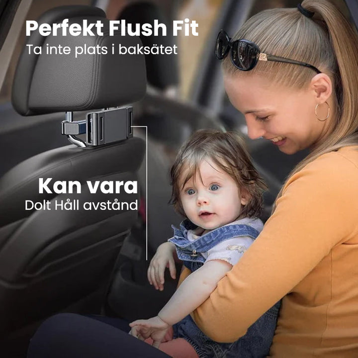Tablethållare för bil med 360-rotation, enkel installation, stötsäkert skydd, universell passform, visas på nackstöd.