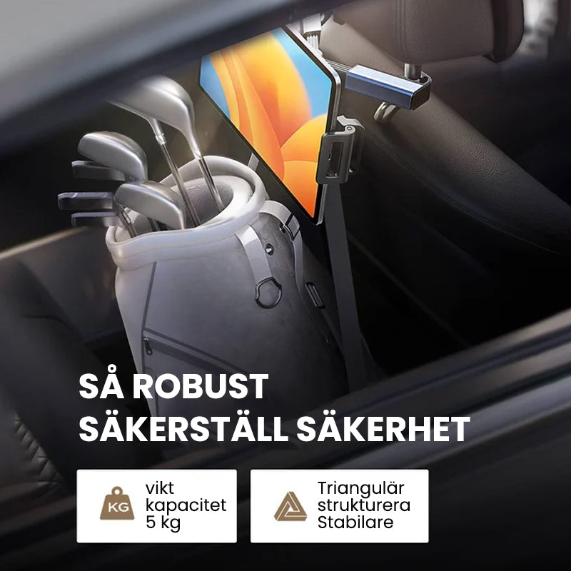 Tablethållare för bil med 360-rotation, enkel installation, stötsäkert skydd, universell passform, visas på nackstöd.