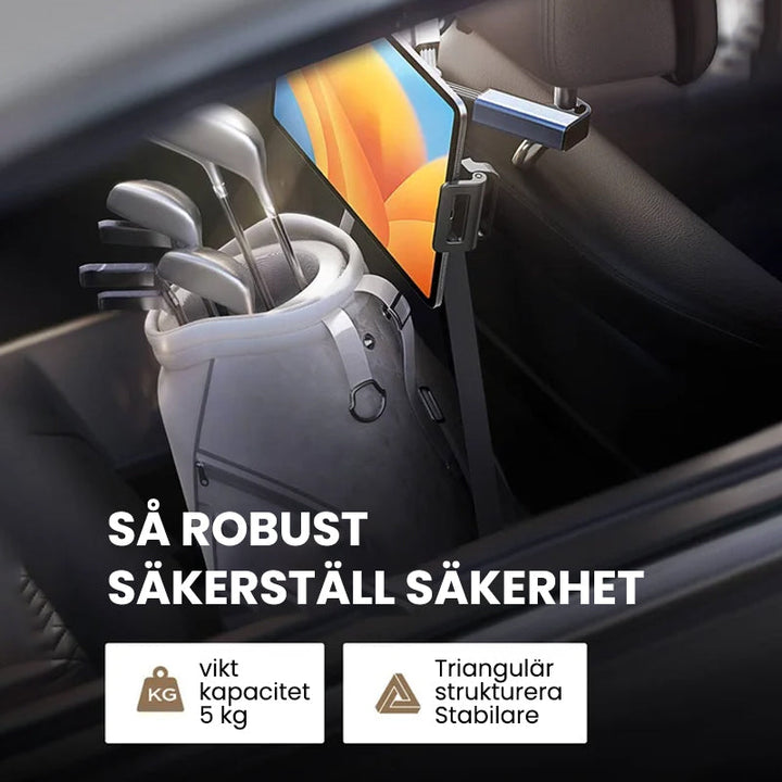 Tablethållare för bil med 360-rotation, enkel installation, stötsäkert skydd, universell passform, visas på nackstöd.