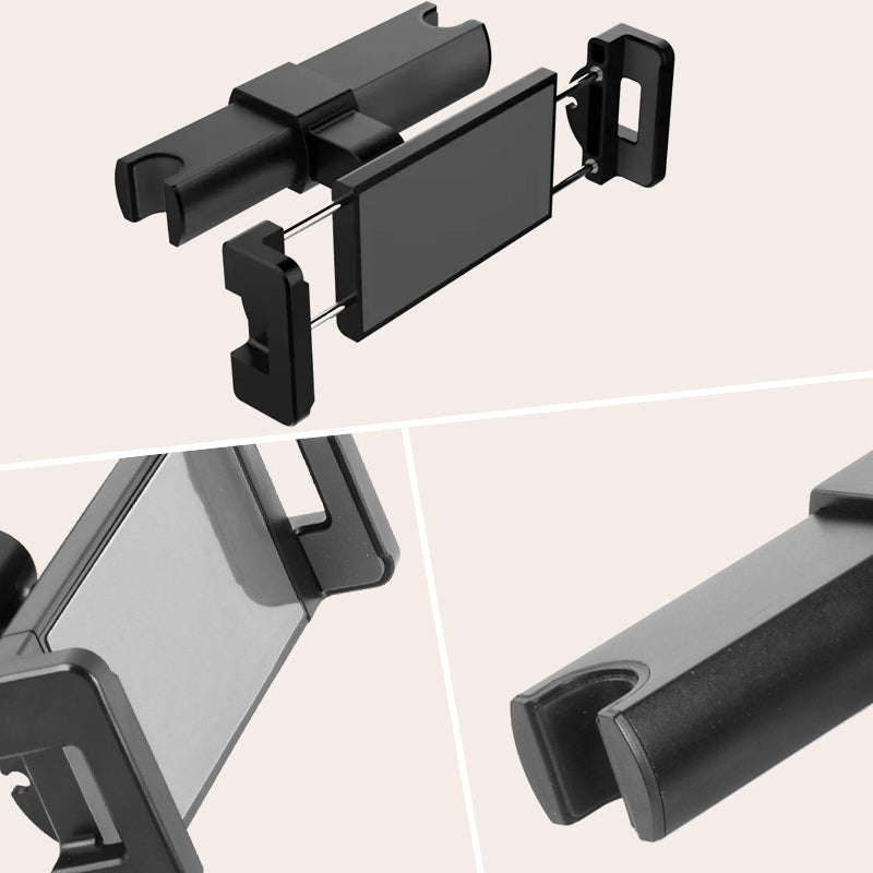 Tablethållare för bil med 360-rotation, enkel installation, stötsäkert skydd, universell passform, visas på nackstöd.
