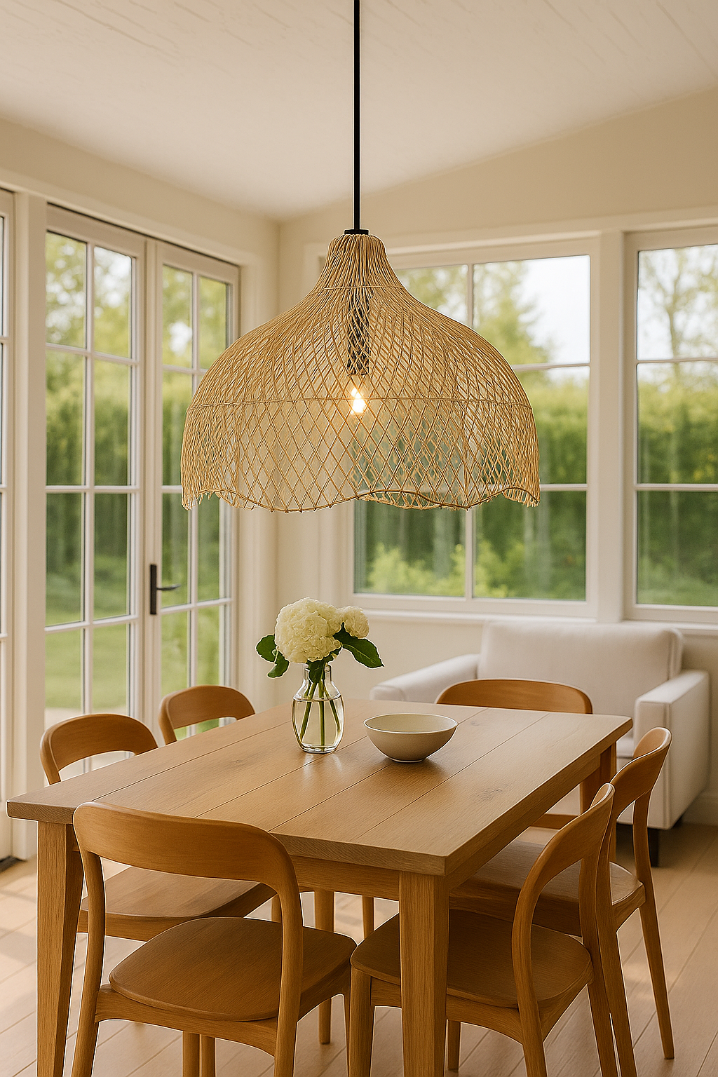 "Taklampa Nest i naturlig rottingdesign, modern och handgjord, skapar elegant atmosfär med mjukt ljus."