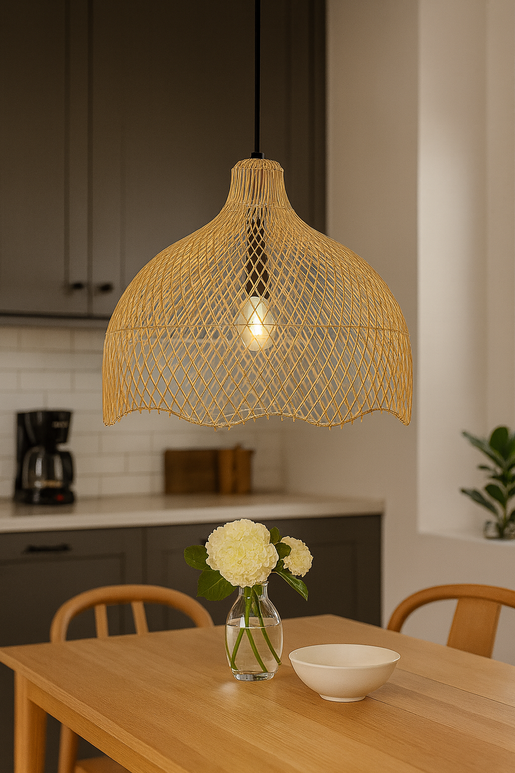 "Taklampa Nest i naturlig rottingdesign, modern och handgjord, skapar elegant atmosfär med mjukt ljus."
