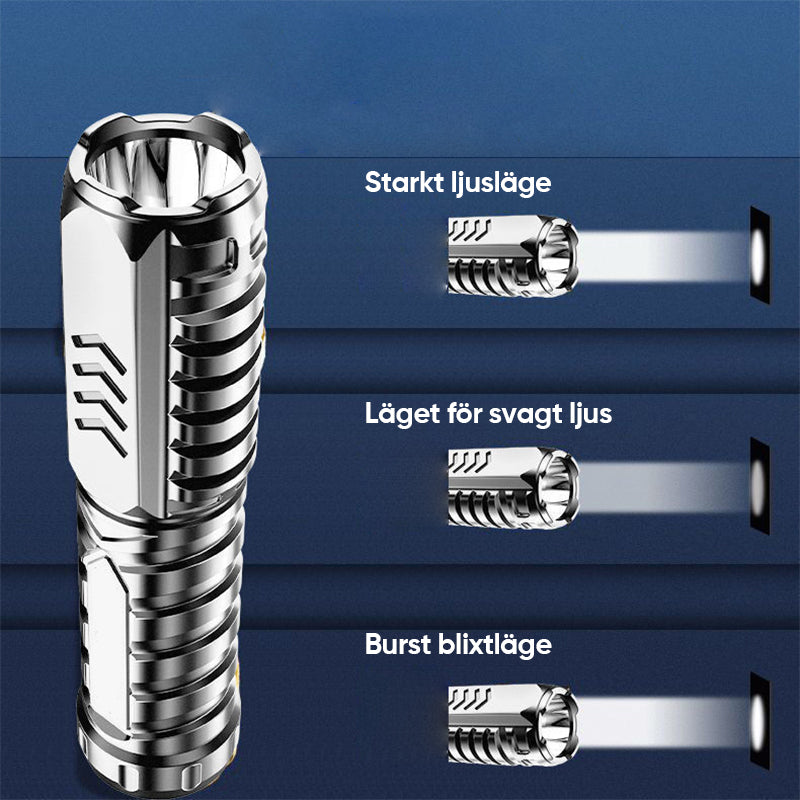 "Taktisk LED-ficklampa med 3 lägen, robust aluminium, superljus, idealisk för friluftsliv och nödsituationer."