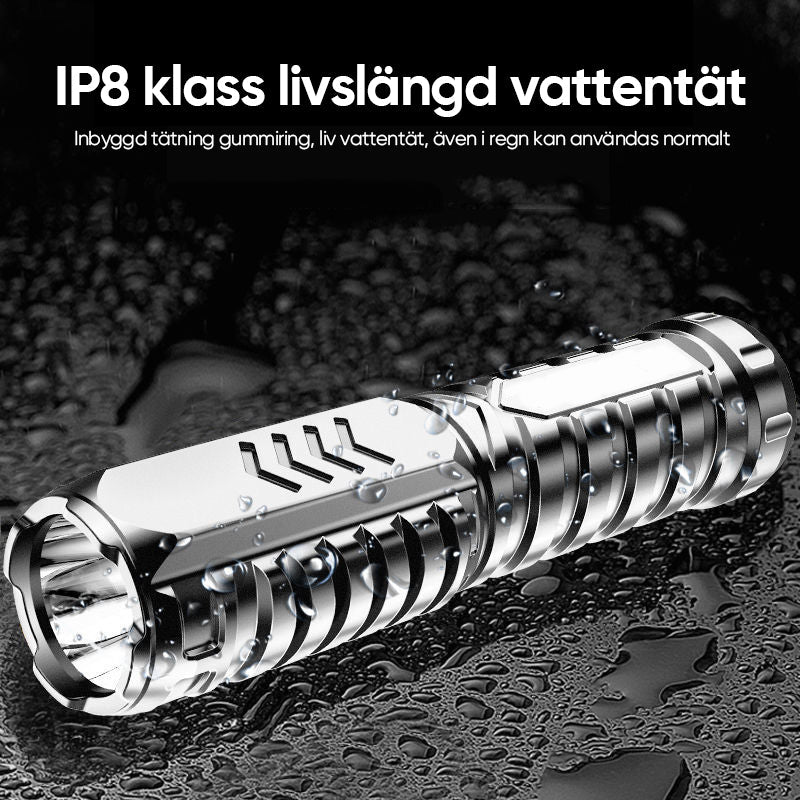 "Taktisk LED-ficklampa med 3 lägen, robust aluminium, superljus, idealisk för friluftsliv och nödsituationer."
