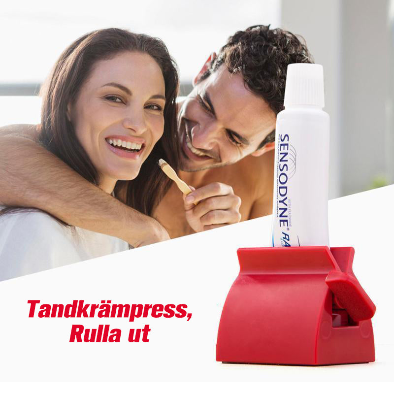 "Tandkrämsklämma i hållbar plast, multifunktionell, pressar ut tandkräm effektivt, kompakt design, passar alla tuber."