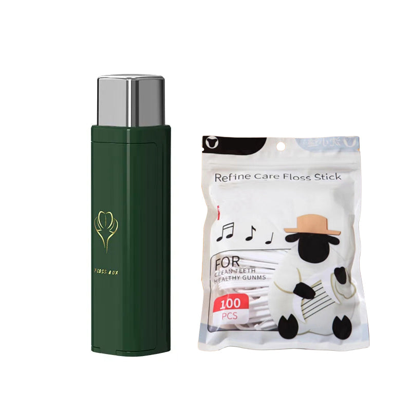 "Tandtrådsdispenser för resor i grön, rosa, vit. Bärbar och kompakt accessoar för enkel användning och påfyllning."