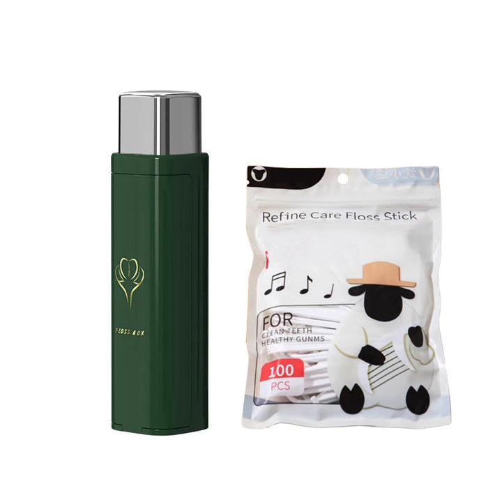 "Tandtrådsdispenser för resor i grön, rosa, vit. Bärbar och kompakt accessoar för enkel användning och påfyllning."
