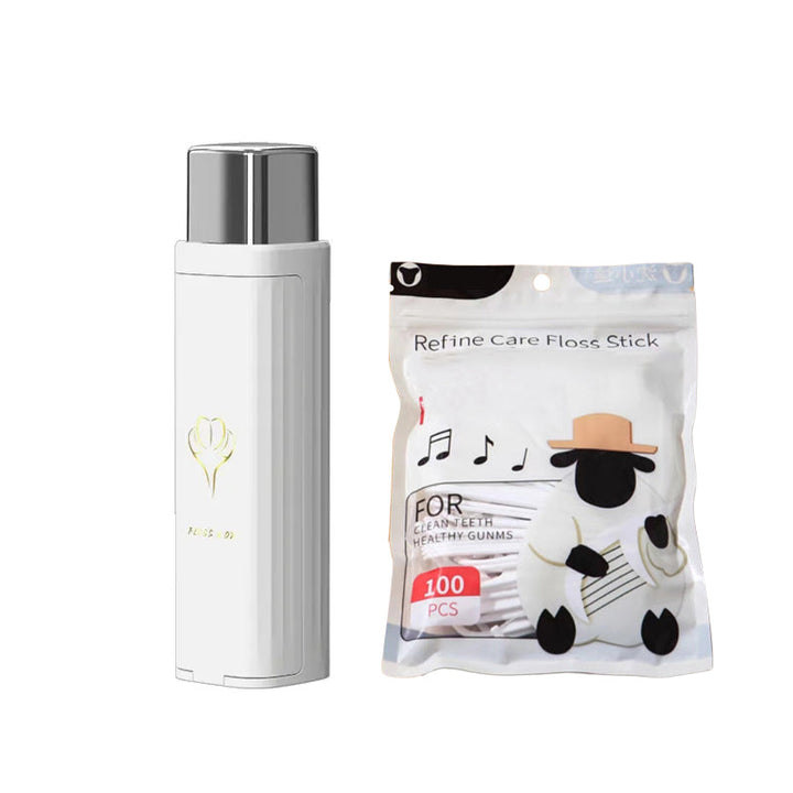 "Tandtrådsdispenser för resor i grön, rosa, vit. Bärbar och kompakt accessoar för enkel användning och påfyllning."