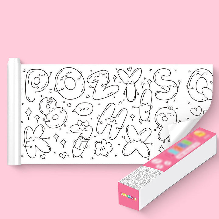 "Teckningsrulle för barn med roliga motiv, fordon, djurvärld och dinosaurier, främjar kreativitet och lärande."