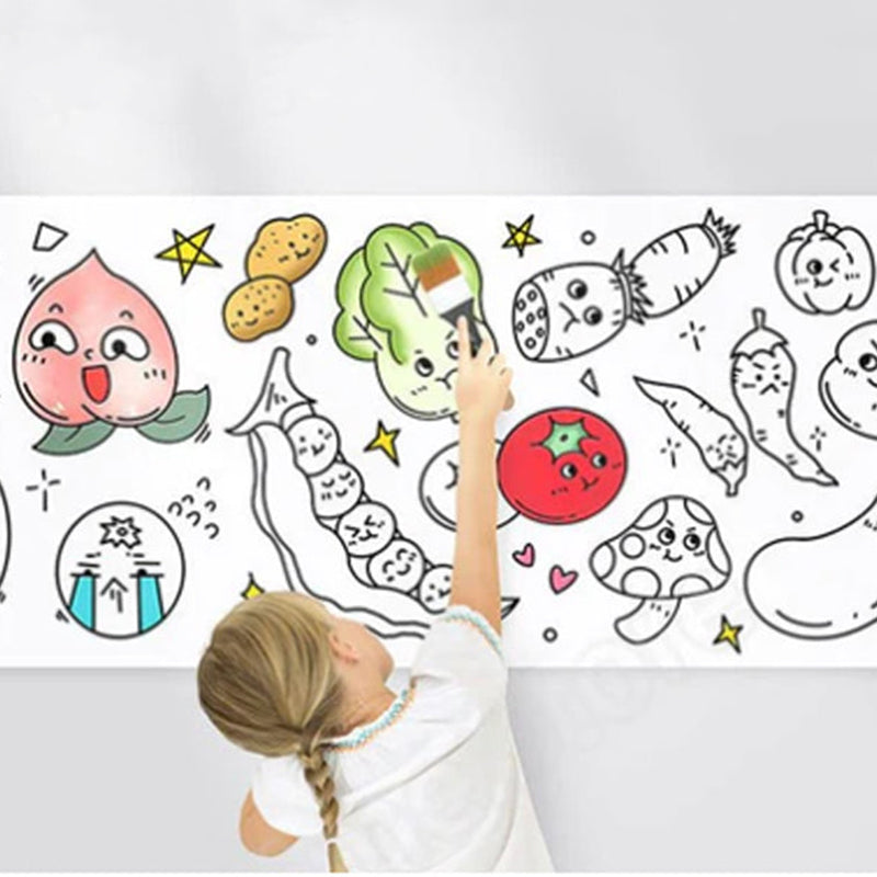 "Teckningsrulle för barn med roliga motiv, fordon, djurvärld och dinosaurier, främjar kreativitet och lärande."