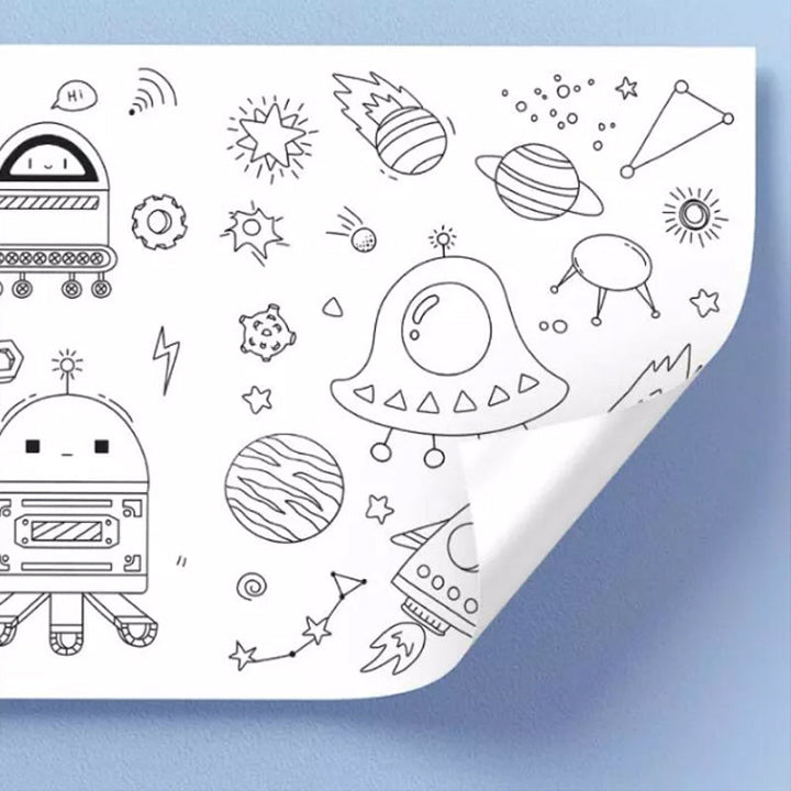 "Teckningsrulle för barn med roliga motiv, fordon, djurvärld och dinosaurier, främjar kreativitet och lärande."