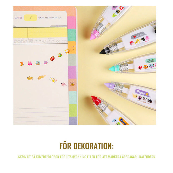 "Tejppenna med mönster, perfekt för dagbok och pyssel, i form av en penna med olika dekorationer och teman."