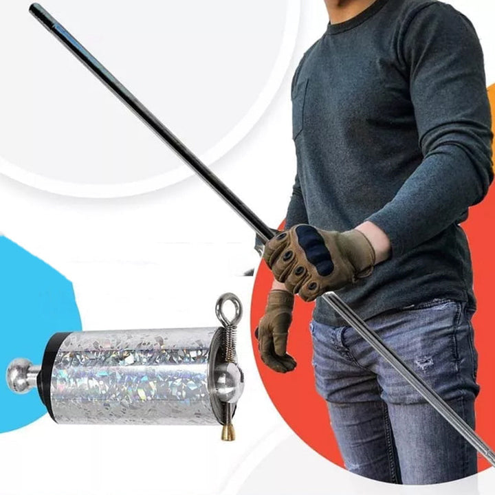 "Teleskopisk fickstav i rostfritt stål, utdragen till 120 cm, kompakt för självförsvar och diskret bärbarhet."