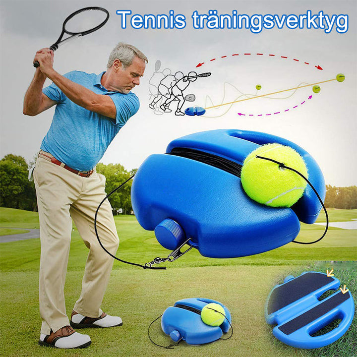 Tennis tränare för hemträning, blå, PE-material, med boll och elastiskt rep; förbättrar tennisteknik hemma.