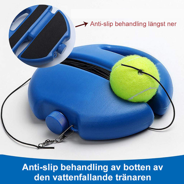 Tennis tränare för hemträning, blå, PE-material, med boll och elastiskt rep; förbättrar tennisteknik hemma.