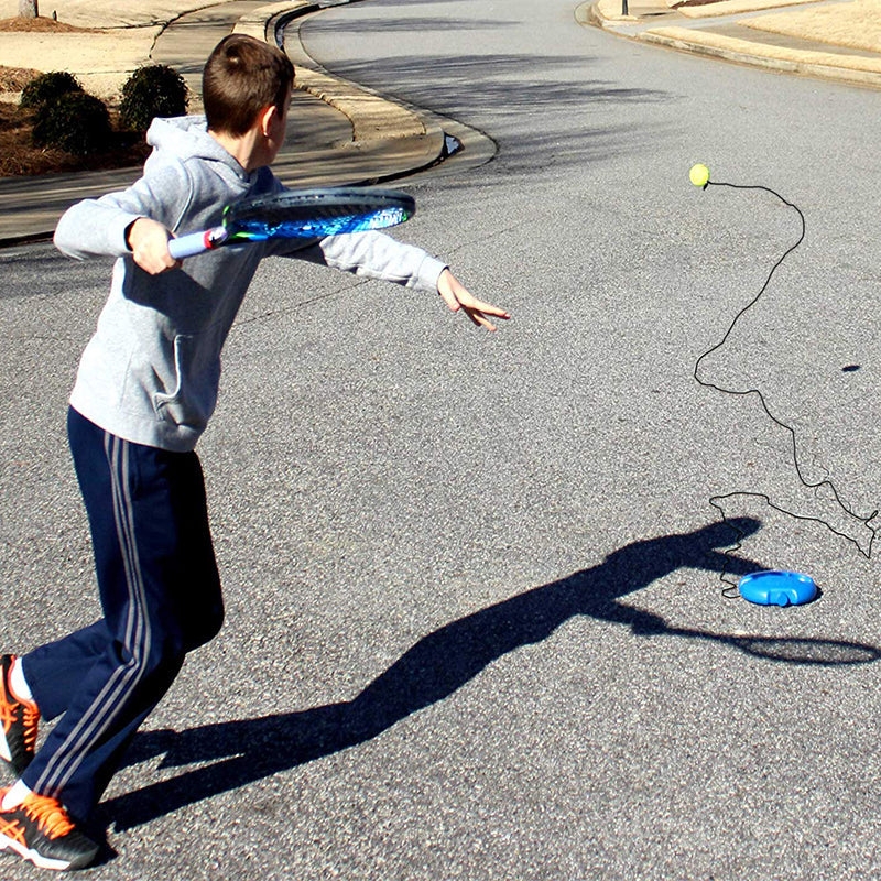 Tennis tränare för hemträning, blå, PE-material, med boll och elastiskt rep; förbättrar tennisteknik hemma.