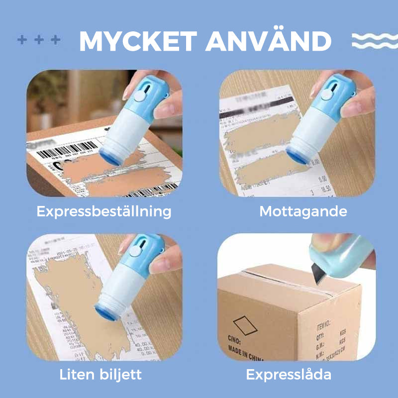 "Termisk korrigeringspenna med brytkniv i plast, kompakt 85x25mm, lätt att bära, idealisk för säker informationsförstörelse."