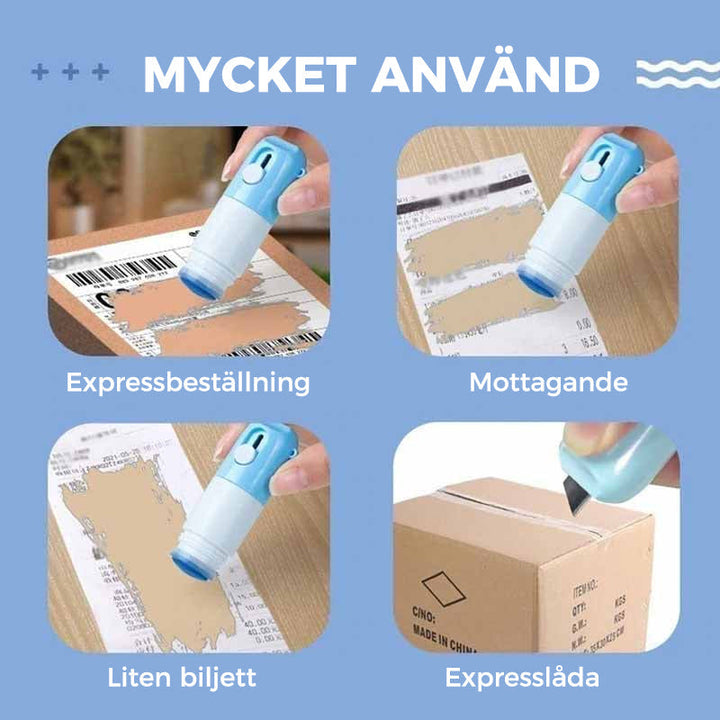 "Termisk korrigeringspenna med brytkniv i plast, kompakt 85x25mm, lätt att bära, idealisk för säker informationsförstörelse."