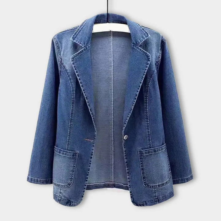 "Tidlös mångsidig jeansjacka för dam med lång ärm och enfärgad design, perfekt för vardagsstil och alla säsonger."