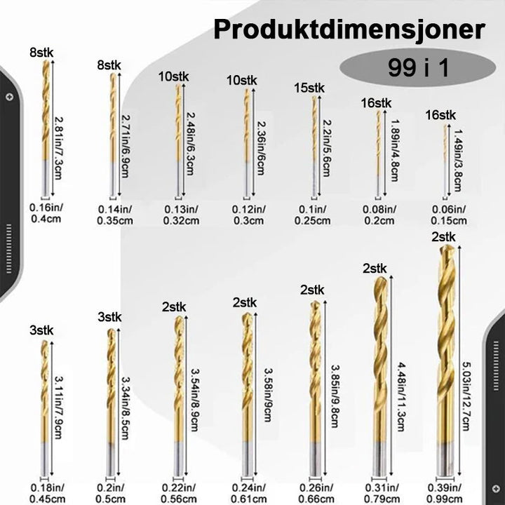 "Titanbelagt HSS borrsats med 99 delar, idealisk för hantverkare och DIY-projekt, med hållbar twist-design."
