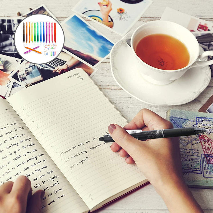 "Top down view of colorful erasable gel pens on white background with visible pen tips and vibrant colors."