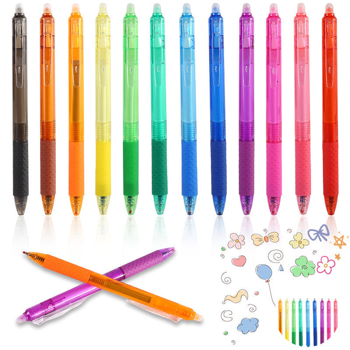 "Top down view of colorful erasable gel pens on white background with visible pen tips and vibrant colors."