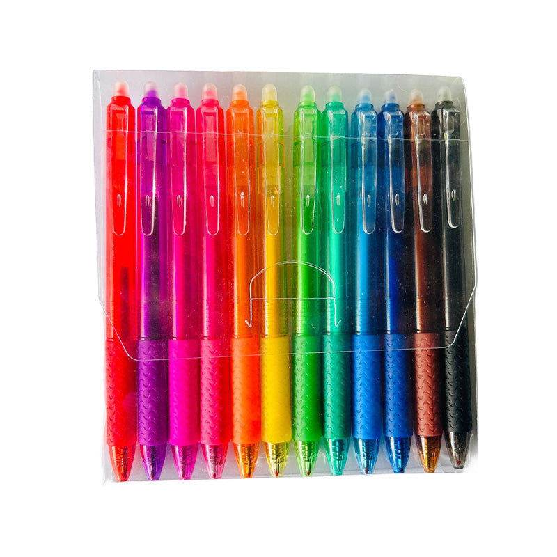 "Top down view of colorful erasable gel pens on white background with visible pen tips and vibrant colors."