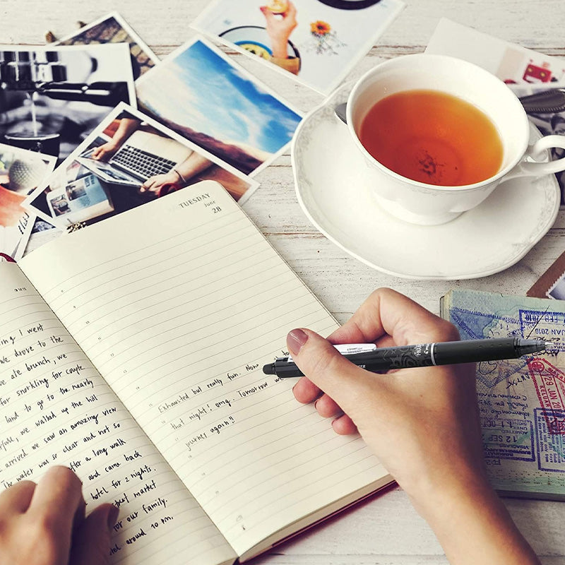 "Top down view of colorful erasable gel pens on white background with visible pen tips and vibrant colors."