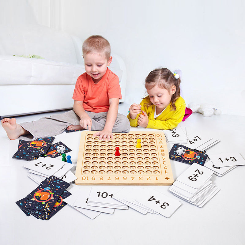 "Trä multiplikationsbrädspel för barn - interaktiv lärandeleksak med färgglada bitar och kort för matematikträning"