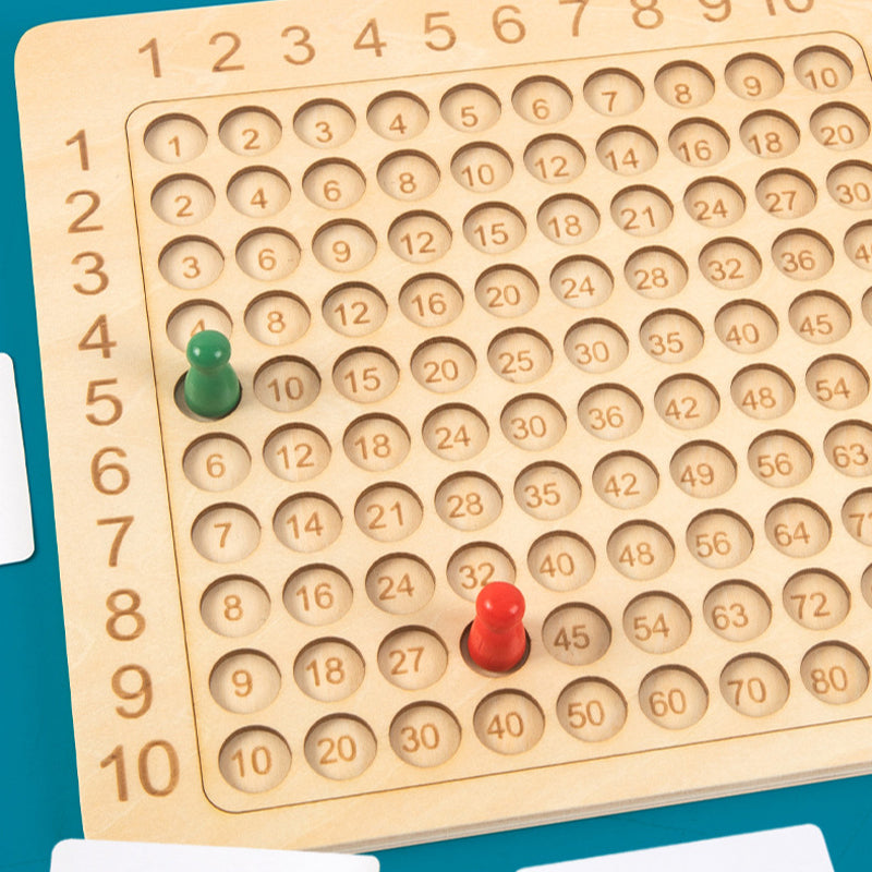 "Trä multiplikationsbrädspel för barn - interaktiv lärandeleksak med färgglada bitar och kort för matematikträning"