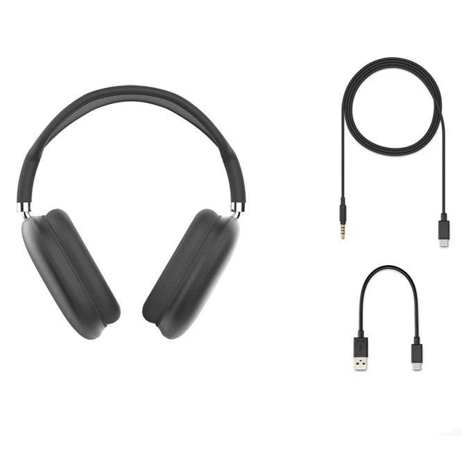 "Trådlös Bluetooth 5.0 hörlurar med justerbart huvudband, svarta vadderade öronkåpor och kristallklar ljudkvalitet."